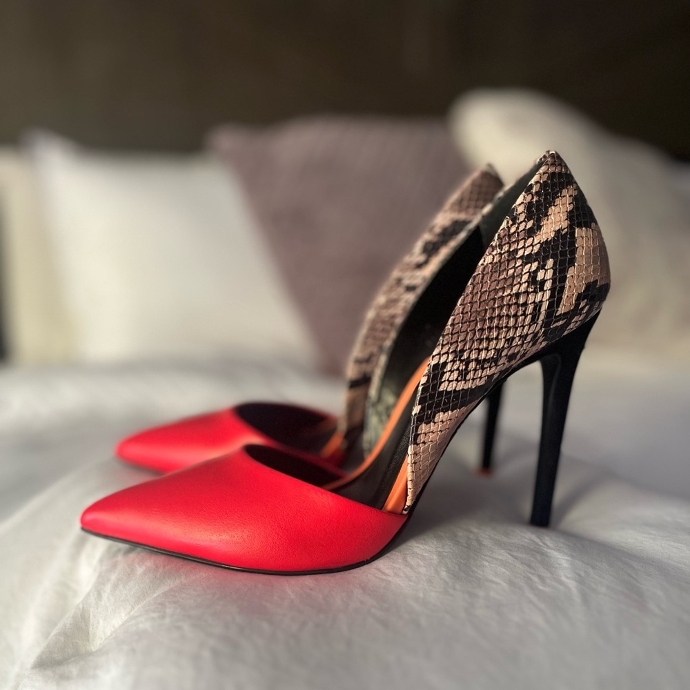 Aldo fluorescent orange snake print heels